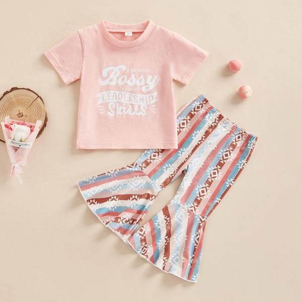 Summer Girls' Letter Printing Short Sleeve T-shirt+Rainbow Stripe Flare Pants Set Wholesale Girls Clothing