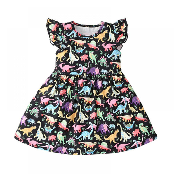 Summer Girls' Flying Sleeve Dinosaur Pattern Dress Wholesale Girls Dresses