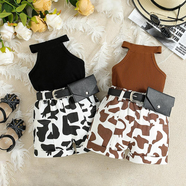 Summer girl sleeveless vest+cow patterned shorts+waist pack Wholesale Girls Clothing