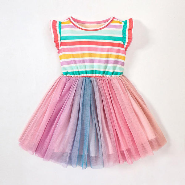 Summer Girls' Colorful Stripe Dress Girls' Mesh Princess Dress Wholesale Girls Dresses