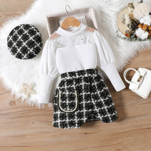 Autumn and Winter Mesh Neckline Bubble Sleeve Top Short Skirt with Hat 3 Piece Set Wholesale Girls Clothing