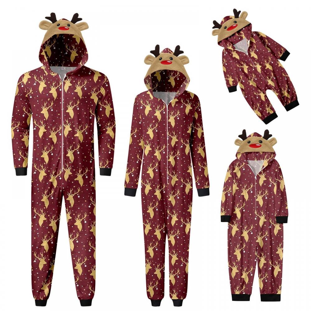 Christmas parent-child outfit hooded Christmas printed one piece pajamas Mommy And Me Wholesale Clothing