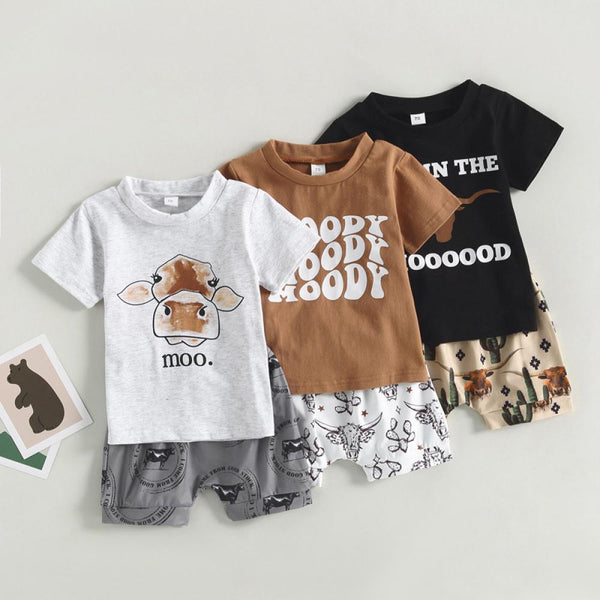 Summer Baby Boys Casual Set Short Sleeve Letter Cow Head Print Top+Shorts Baby Wholesale Clothes