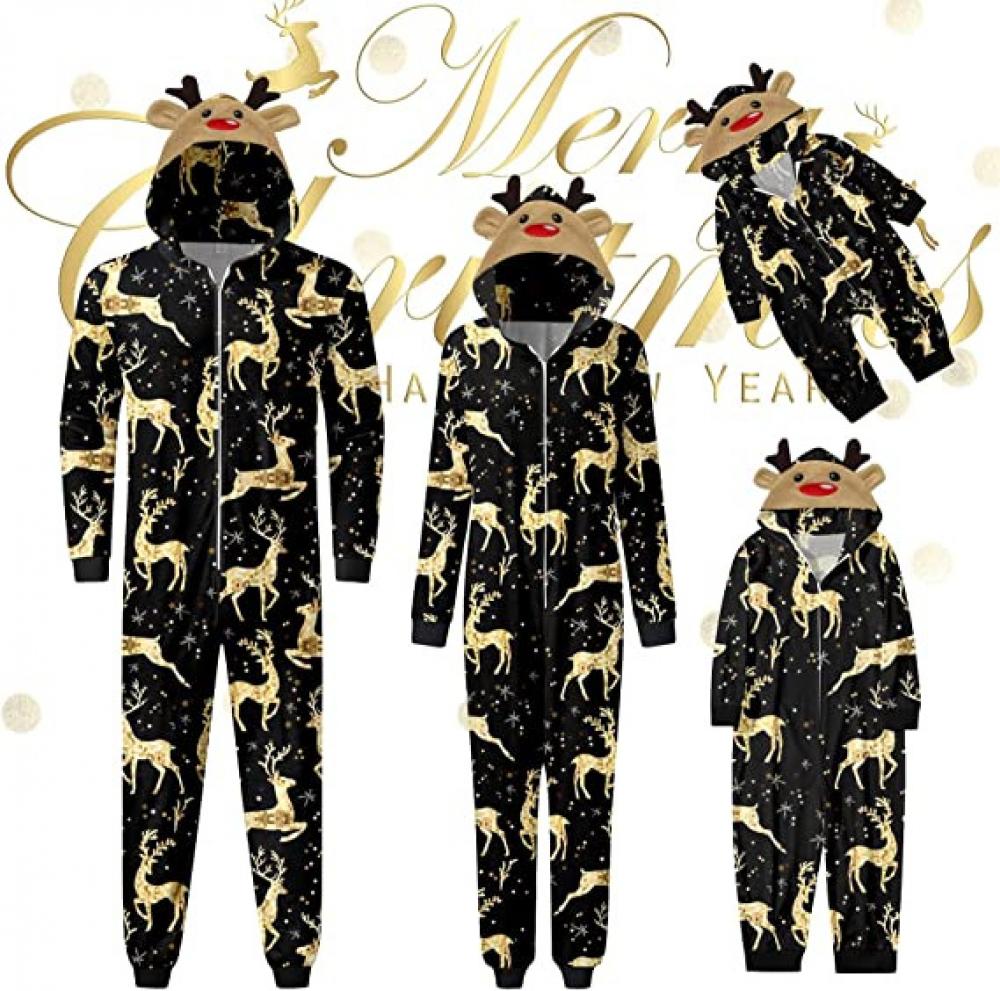 Christmas parent-child outfit hooded Christmas printed one piece pajamas Mommy And Me Wholesale Clothing