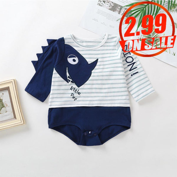 No Profit On Sale Autumn Baby Boys' Long Sleeve Dinosaur Stripe Triangle Romper Baby Wholesale Clothes