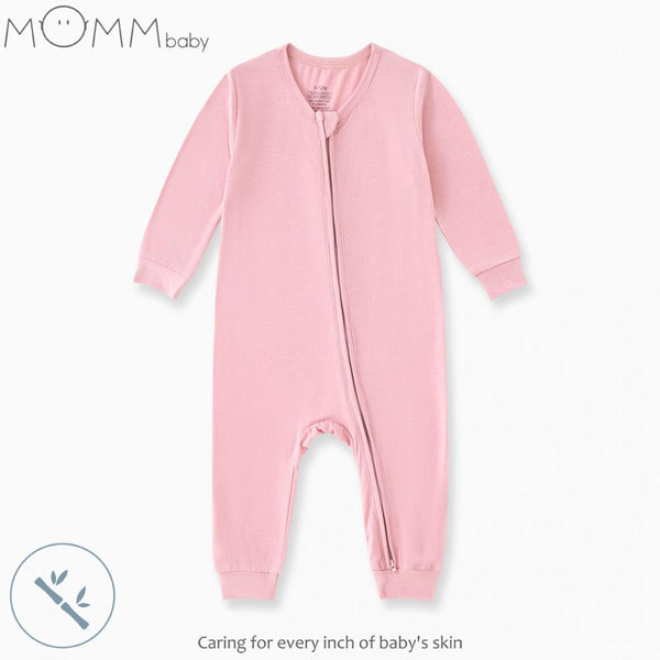 Baby Girl's Bamboo Fiber Zippered Footed Onesie - Long Sleeve Solid Color Newborn Romper, Casual Style For Infants Baby Wholesale Clothes