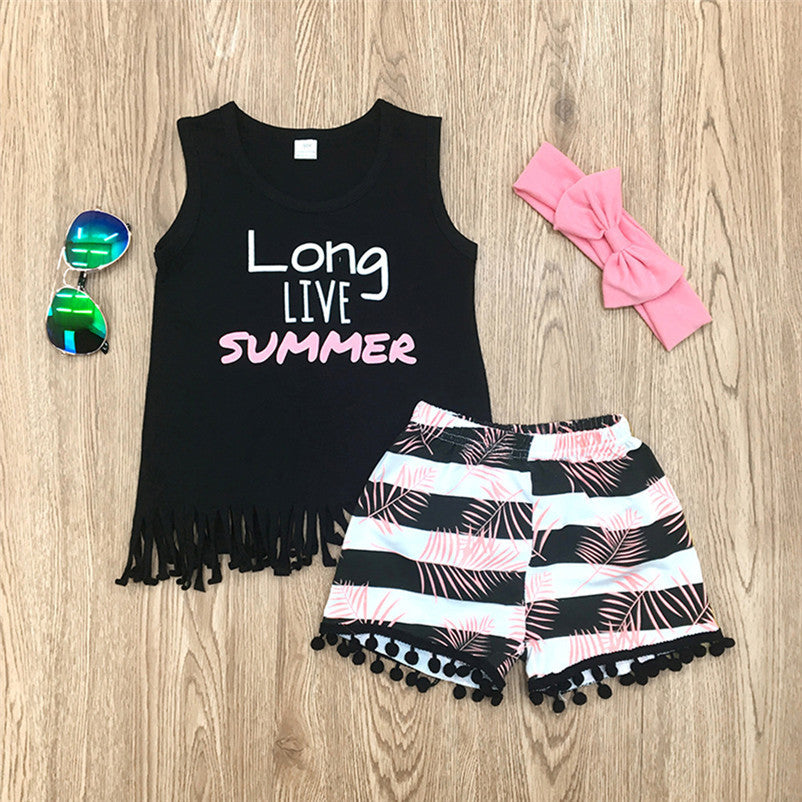 18M-6Y Toddler Girls Set Summer Letter Fringe Skirt Striped Drop Ball Lace Pants Set Wholesale Clothing For Girls