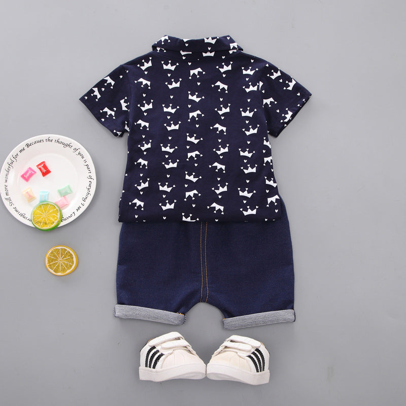 Toddler Boys Summer Set Crown Printing T-shirt And Navy Blue Shorts Wholesale Kids Clothing
