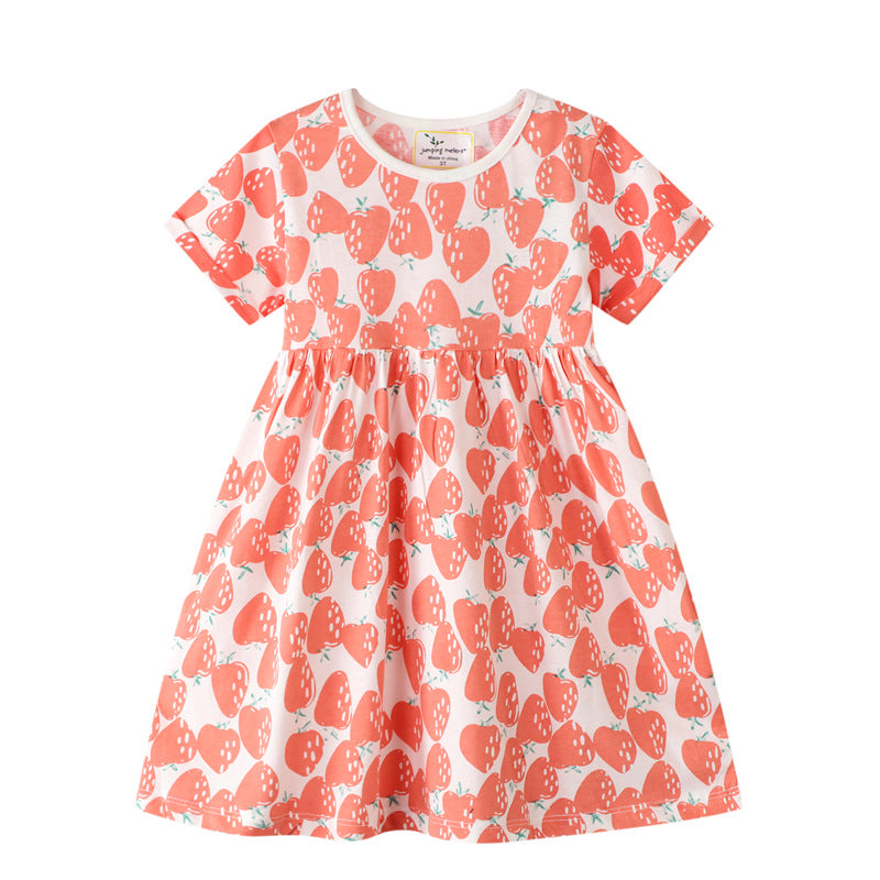 1~7Y Strawberry Print Children's Clothing Short Sleeve T-Shirt Skirt Summer Girls Cute Dress Wholesale Clothing For Girls
