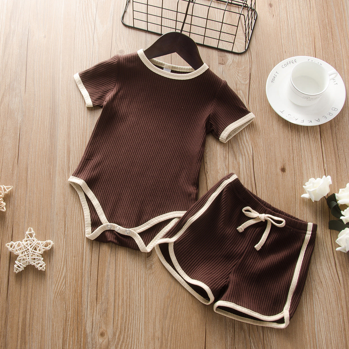 Newborn And Baby Unisex Summer Sets New Pit Romper And Same Color Shorts Soft And Comfortable Two-Piece Set  Wholesale Baby Clothes