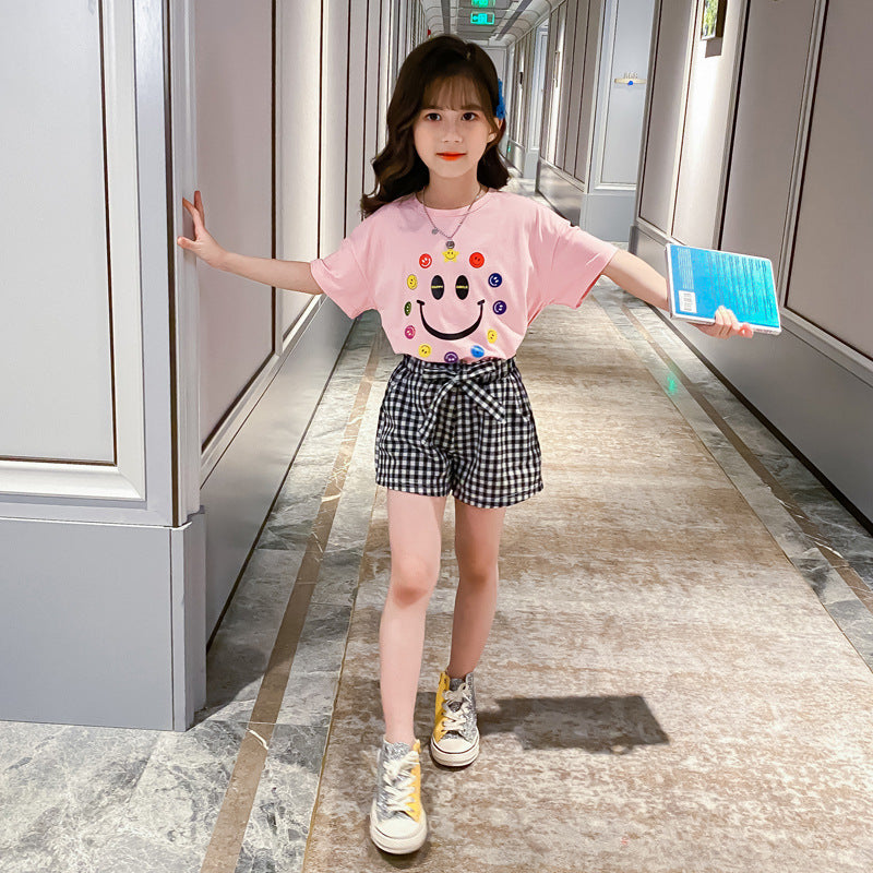 Toddler Girls Summer Casual Fashion Comfortable Suit Smiley Print Short Sleeve T-Shirt And Plaid Shorts Two-piece Set Wholesale Kids Clothing