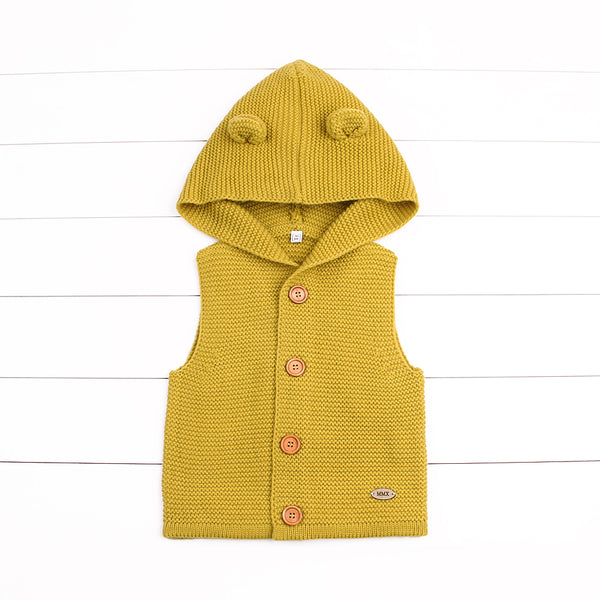 Baby Boys Autumn And Winter Solid Color Sleeveless Hooded Knitted Vest Wholesale Clothing Baby