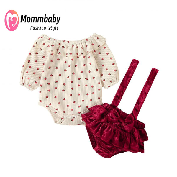 Mommbaby Autumn and Winter Baby Girl Suspender Bag Fart Pants Two-piece Christmas Suit Kids Clothes