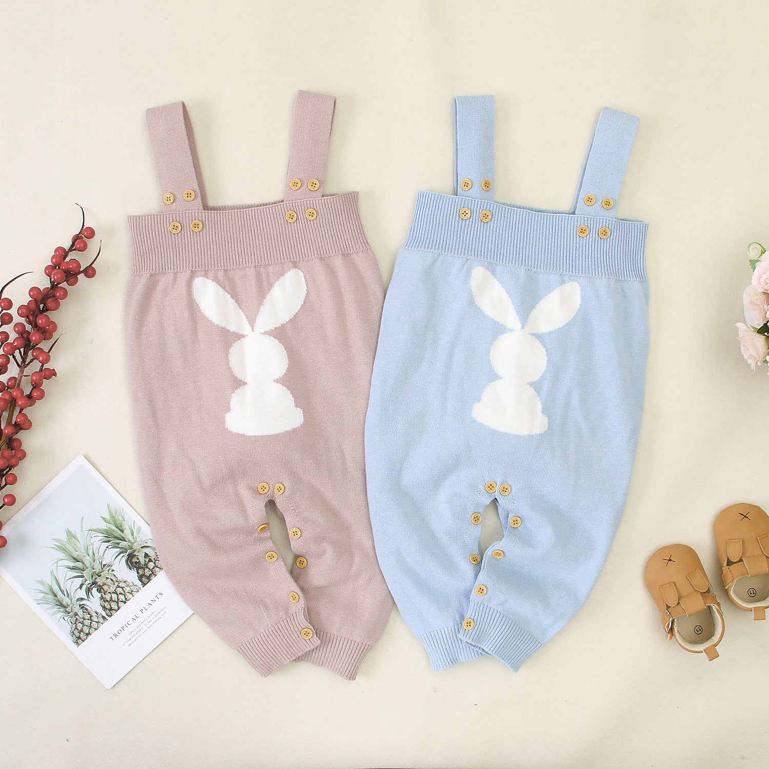 Baby Autumn And Winter Rabbit Printed Solid cColor Suspender Jumpsuit Baby Boutique Clothing Wholesale