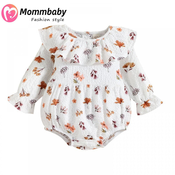 Mommbaby Autumn Winter Baby Girl Print Lotus Leaf Collar Romper Kids Clothes