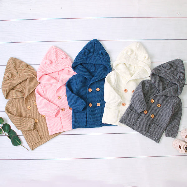 Baby Boys Autumn And Winter Solid Color Long Sleeve Hooded Knitted Sweater Coat Baby Clothes Cheap Wholesale