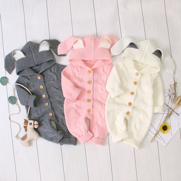 Baby Boys Solid Color Three-dimensional Rabbit Ear Hooded Knitted Jumpsuit Baby Accessories Wholesale