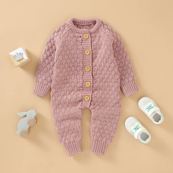 Baby Autumn And Winter Solid Color Long Sleeve Front Open Button Jumpsuit Cheap Boutique Baby Clothing