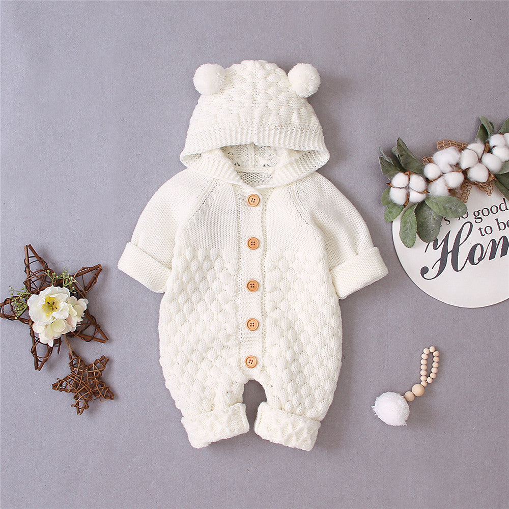 Baby Knitted Solid Long Sleeve Sweaters Hooded Romper