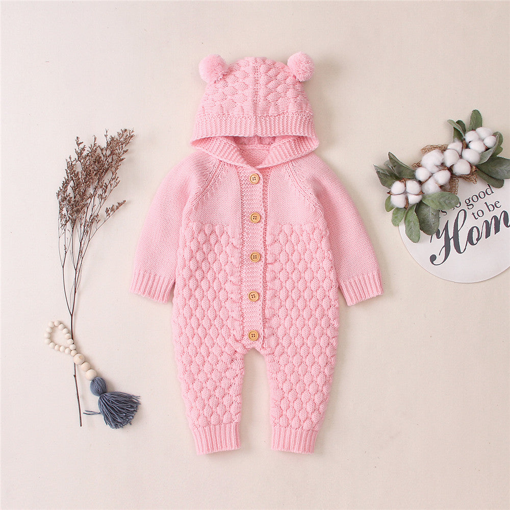 Baby Knitted Solid Long Sleeve Sweaters Hooded Romper