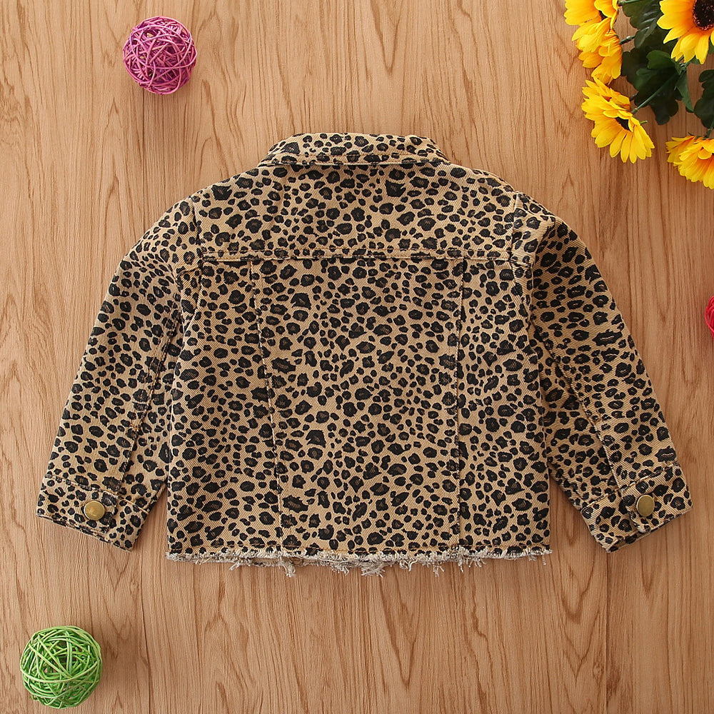Girls Leopard Denim Lapel Long Sleeve Button Jacket Wholesale