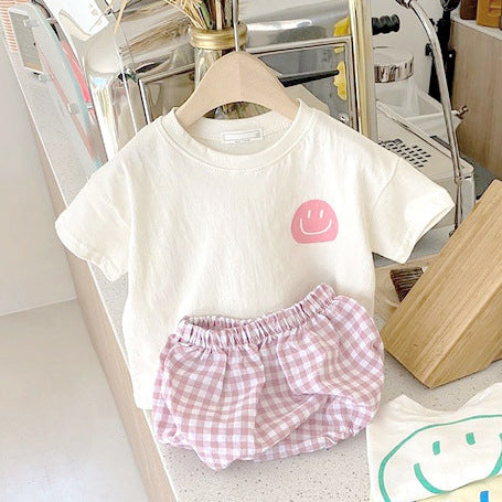 Neutrals Unisex Newborn Baby Boys Girls Short Set Summer Smile Face T-shirt And Plaid Shorts Wholesale Clothing Baby
