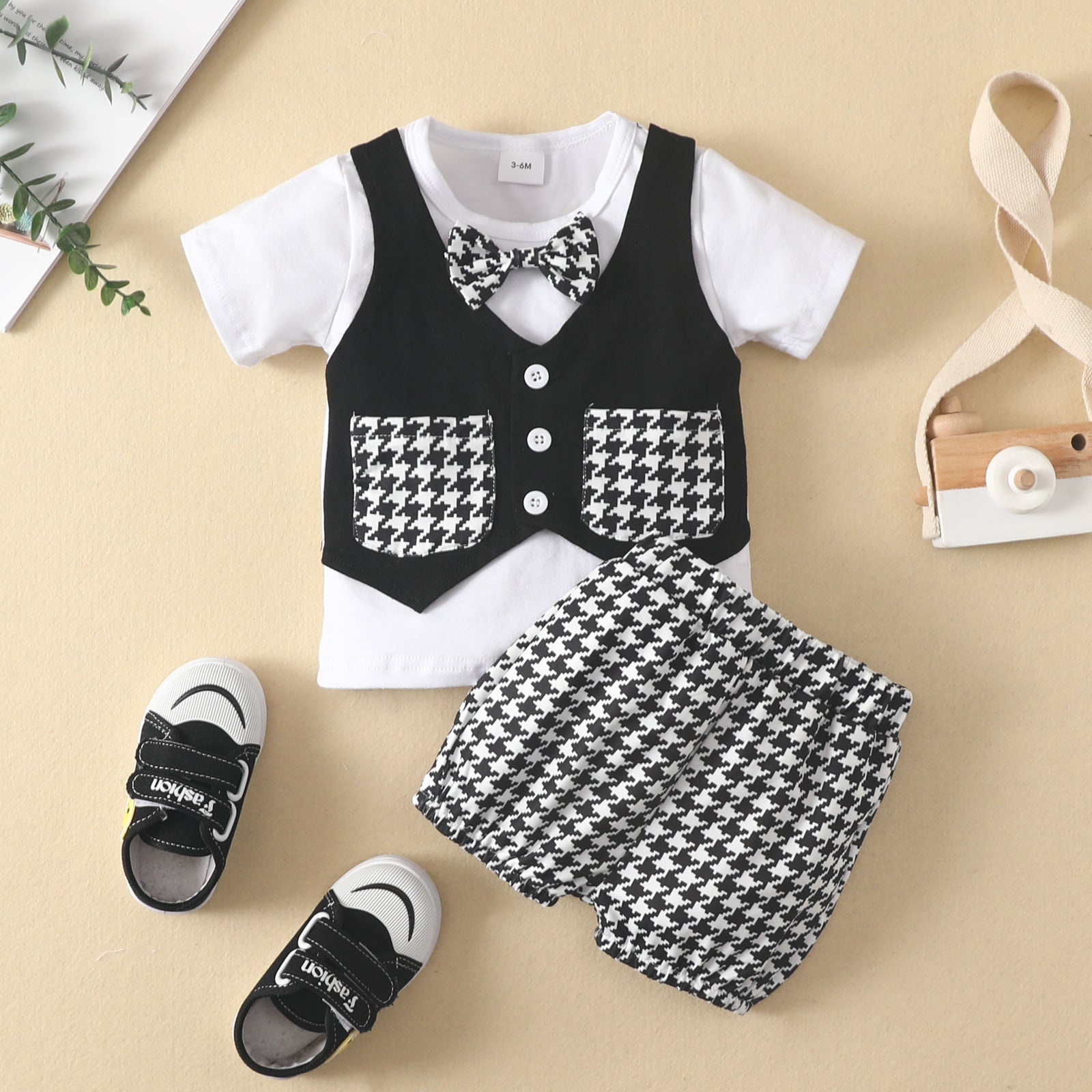 Newborn Infant houndstooth Suit Spring And Summer Models Pit Strip Long Short-Sleeved Top Bow Small Fragrance Wind Shorts Wholesale Baby Clothes