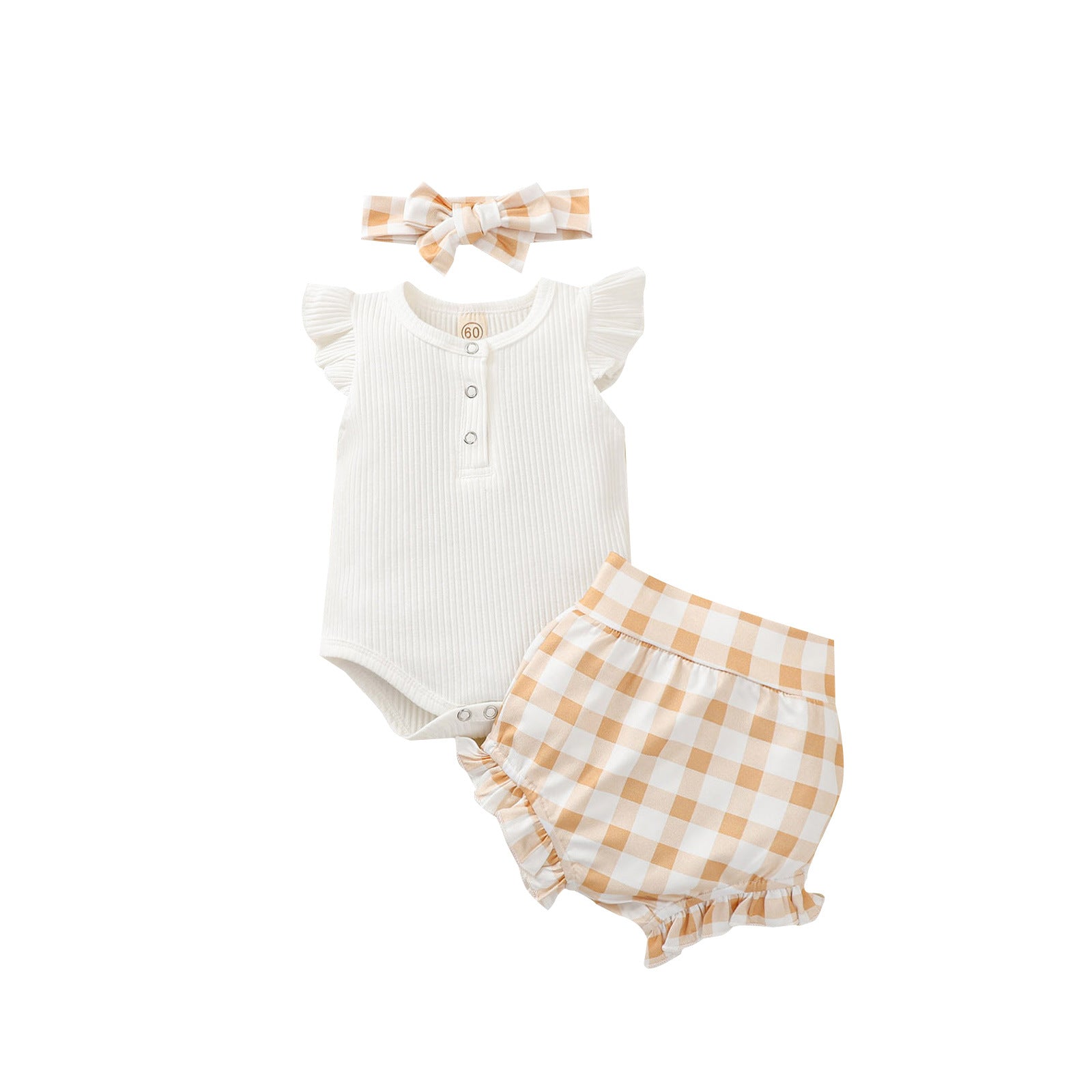 Newborn Baby Summer White Fly-sleeve Top + Print Shorts + Headband Three-piece set Wholesale Baby Clothes