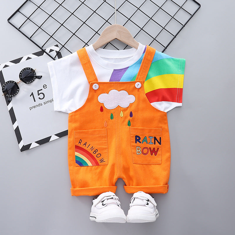 1-4Y Toddler Unisex  Summer Sets Rainbow Print T-shirt Short Sleeves And Jumpsuits Two-piece Set Wholesale Kids Clothing