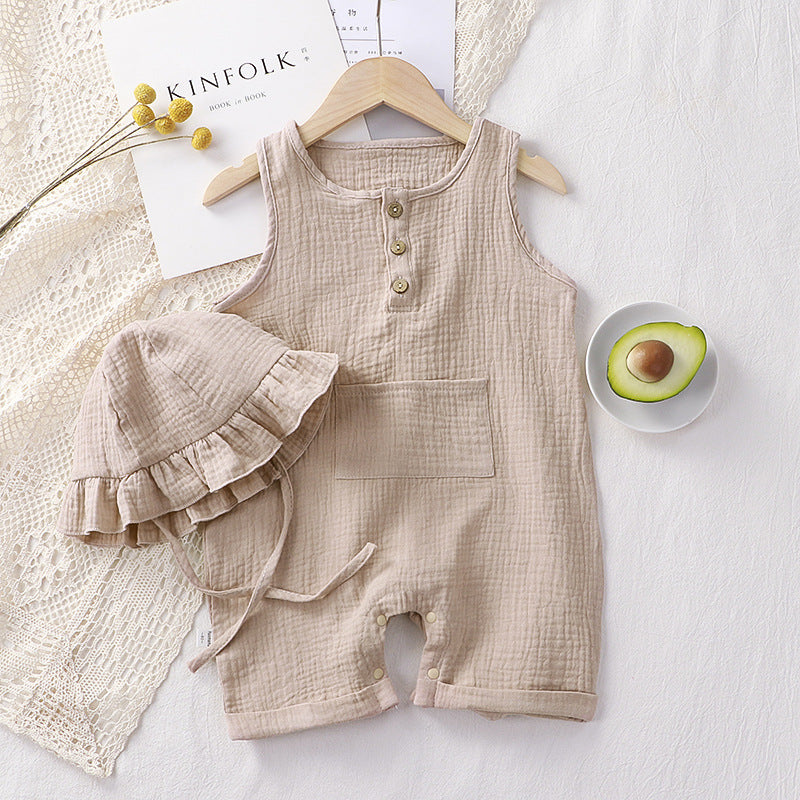 Newborn Baby Unisex Summer Double Gauze Jumpsuit Sleeveless Vest Soft Breathable Romper And Hat Two-piece Wholesale Baby Clothes