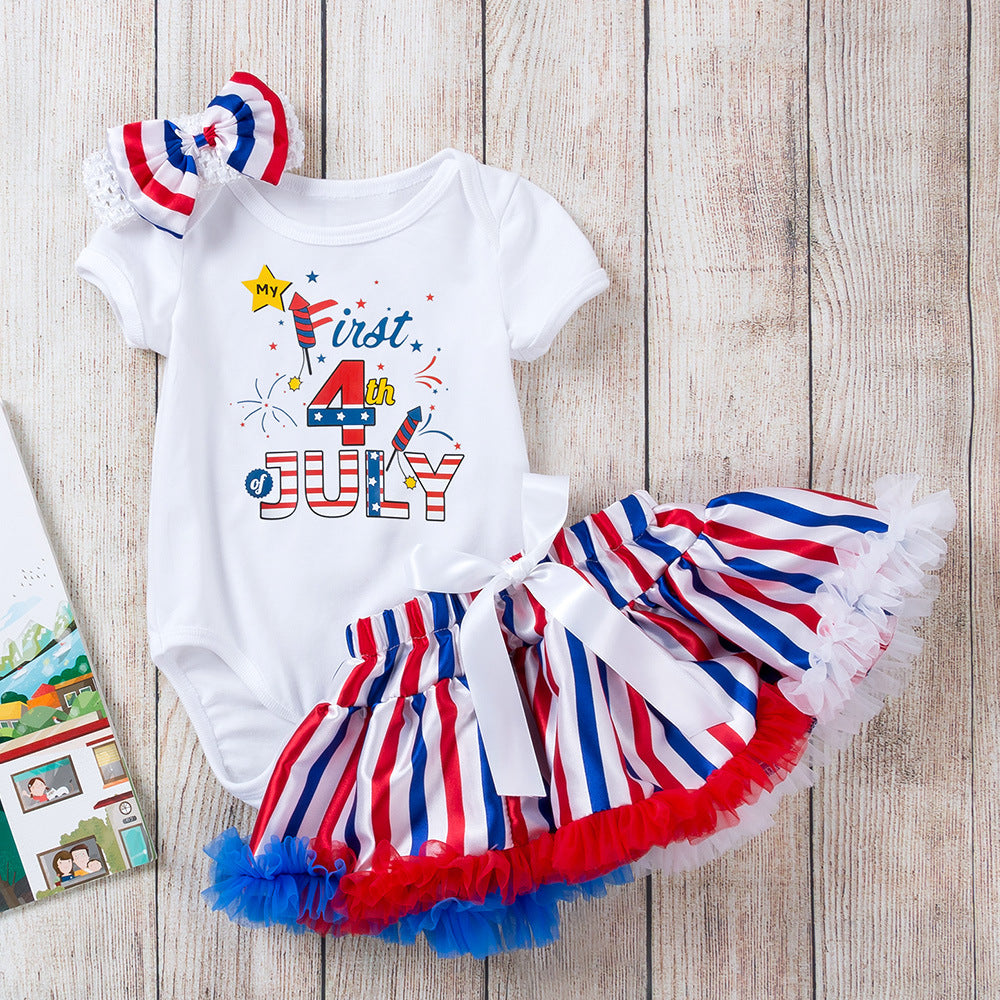 Newborn Baby Girls Summer Independence Day Set Short-sleeved Printed Romper Striped Skirt And Headband Three-piece Set 0-1-2Y Wholesale Baby Clothes