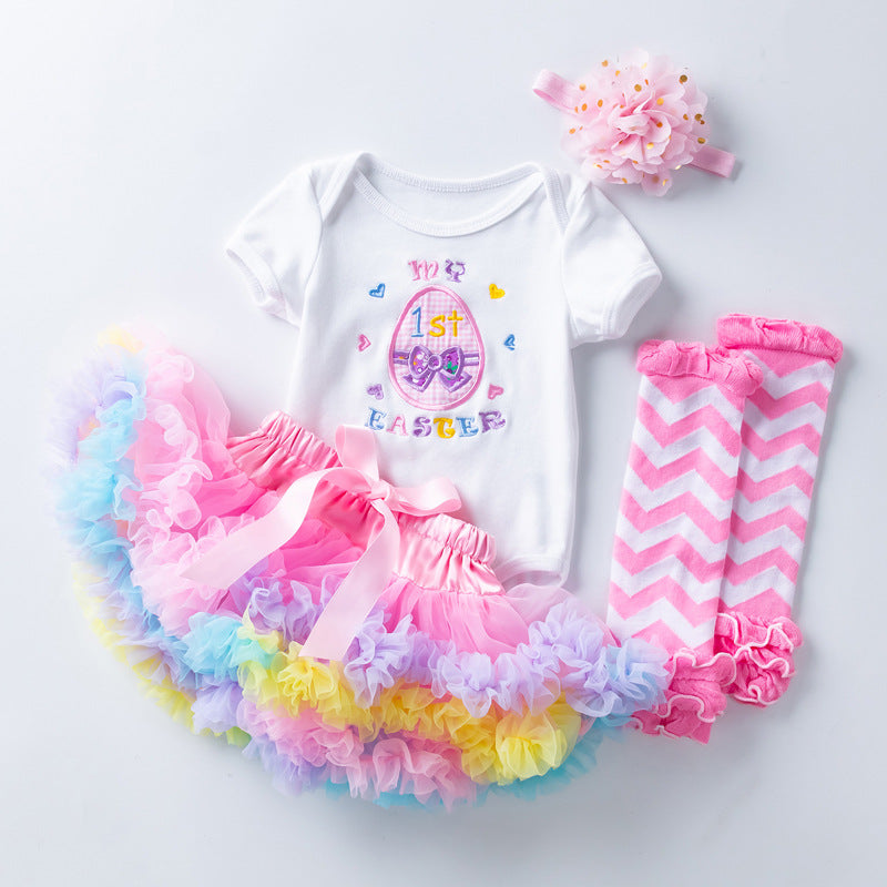 0-24M Baby Girls Four-piece Set Easter Egg Cartoon Embroidered Short Sleeve Romper Pastel Princess Dress Wholesale Clothing For Girls