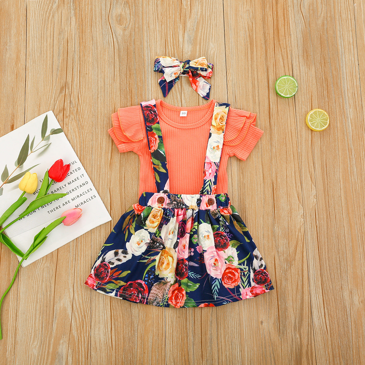 1-5Y Toddler Girls Set Summer Solid Color Pit Strip Top Flower Suspender Skirt And Headband Three-piece Set Wholesale Kids Clothing