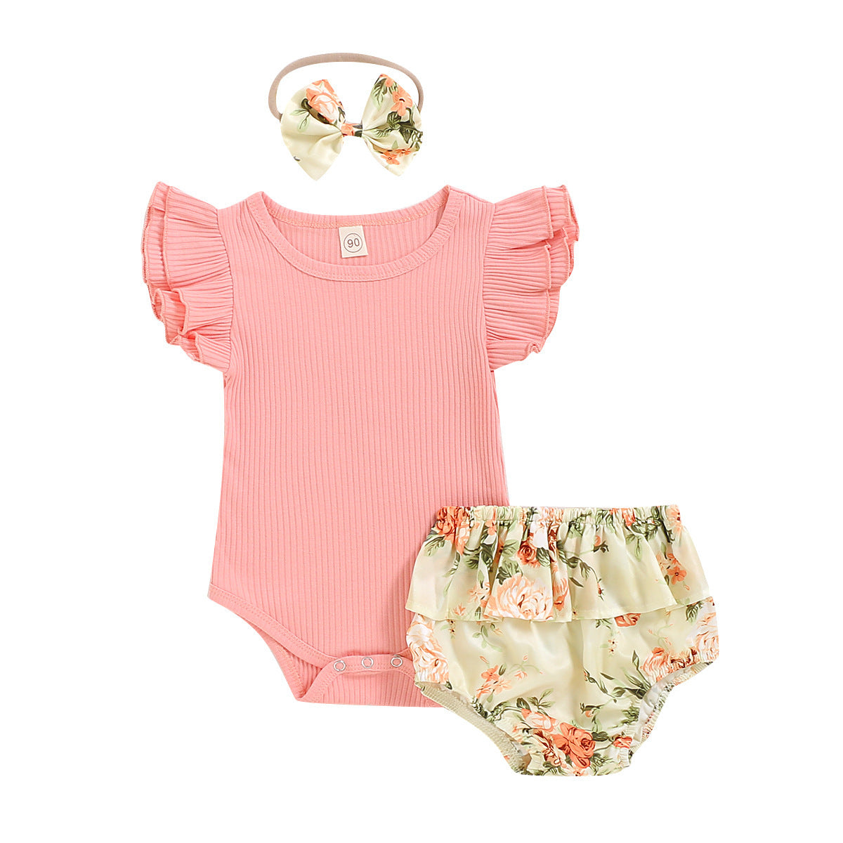 Baby Girls Summer Solid Color Fly-sleeve Short-sleeve Top Printed Triangle Shorts And Headband Three-piece Set Wholesale Baby Clothes