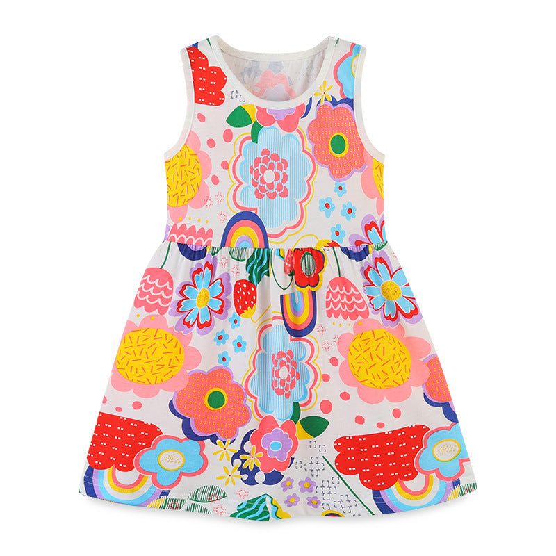 Toddler Girls Dress Summer European And American Style Knitted Cotton Sleeveless Round Neck Cartoon Print Princess Dress Wholesale Kids Clothing