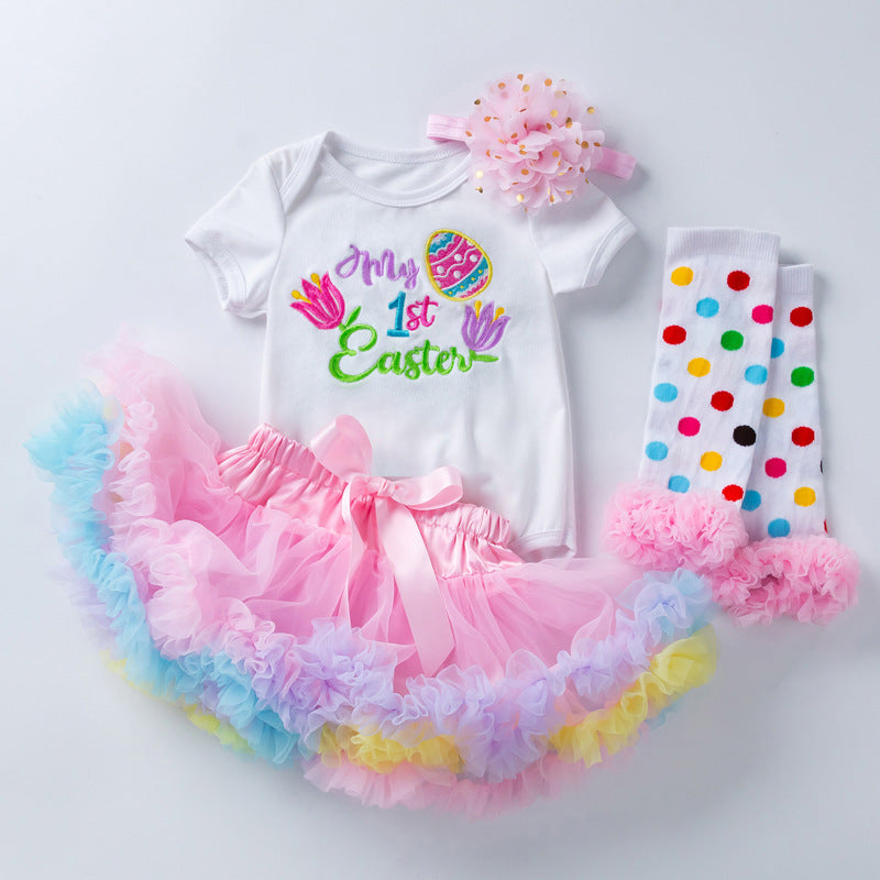 0-24M Baby Girls Four-piece Set Easter Egg Cartoon Embroidered Short Sleeve Romper Pastel Princess Dress Wholesale Clothing For Girls
