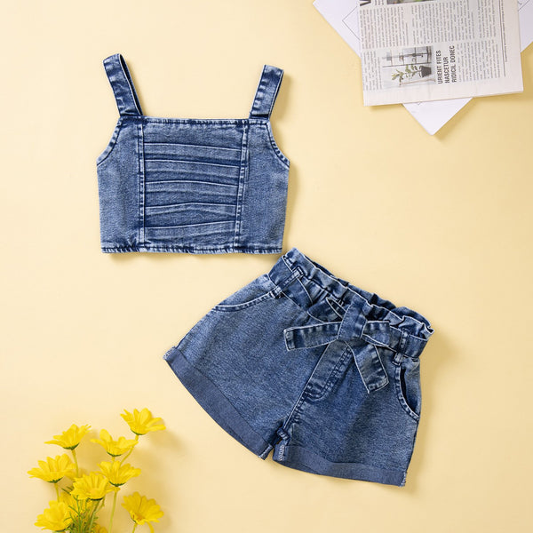 Girl's Jeans Suit Halter Top + Shorts 2 Pieces Set Wholesale Baby Girl Clothes