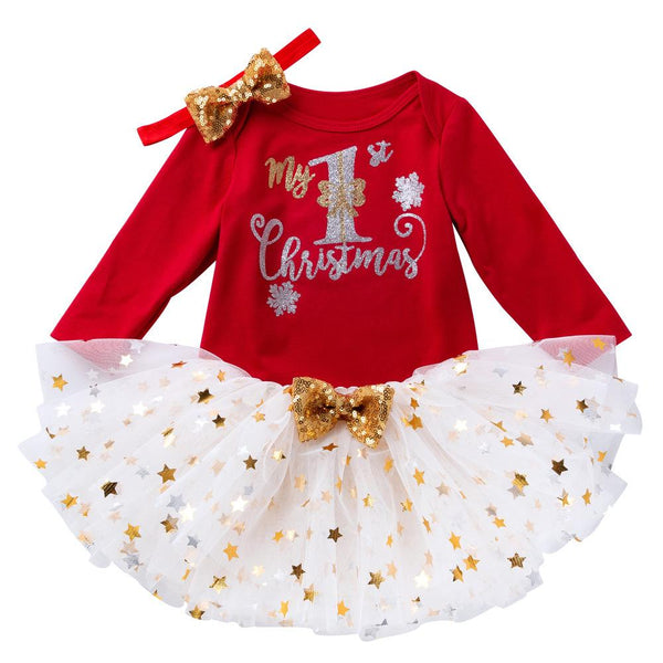 Christmas 0-2T Baby Printed Gauze Tutu Skirt Top 3 Piece Set Christmas Baby Clothes