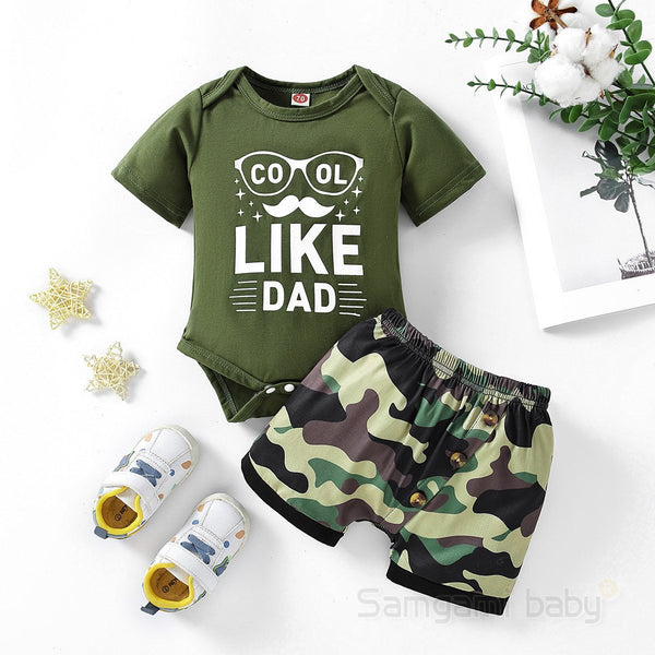 Summer casual baby boy clothing baby set printed green romper camouflage shorts  Wholesale Baby Boy Clothes