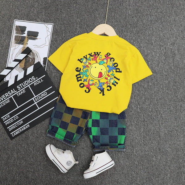 Boys Letter Top and Plaid Shorts Set Wholesale Boys Clothing