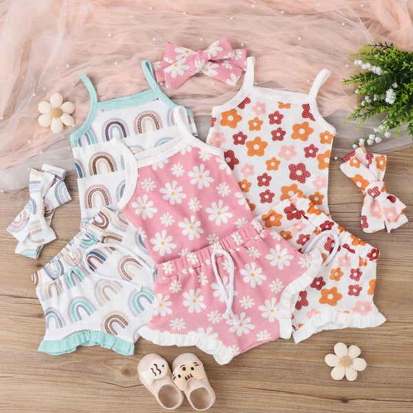 Summer Girls Cute Rainbow Flower Condole Belt Lace Shorts Baby Set Wholesale Baby Clothing