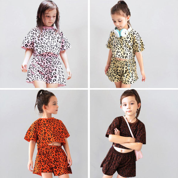 Summer Girl Baby Children Leopard Print Short Sleeve Suit Wholesale Girls Clothes