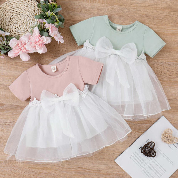 Summer Short Sleeve Lace Stitching Bow Mesh Skirt Princess Girl Dress Wholesale Baby Clothing