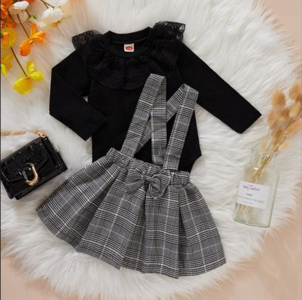 Autumn and Winter Girls Lace Collar Plaid Skirt Two Piece Set Wholesale Baby Girls Clothes