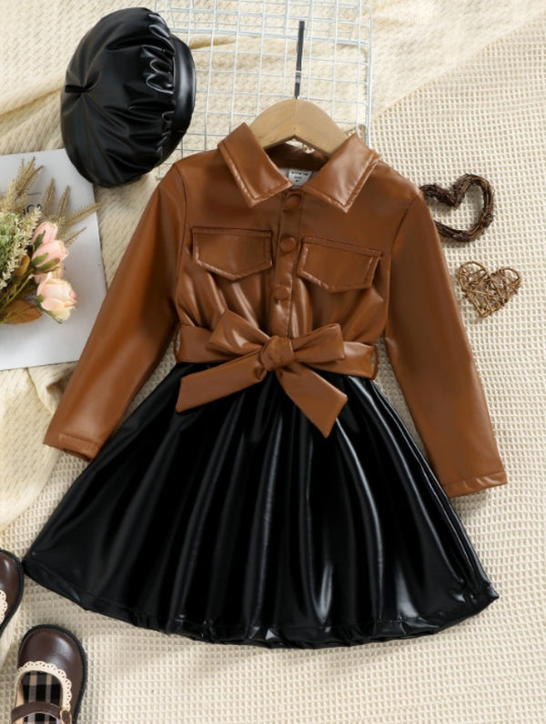 Toddler Girls Bow Faux Leather Dress with Beret Two Piece Set Wholesale Girls Clothes