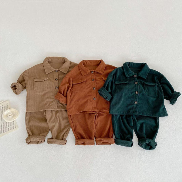 Spring and Autumn Baby Boys and Girls Lapel Cardigan Jacket + Pants Corduroy Set Wholesale