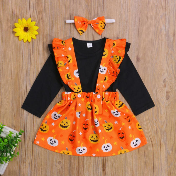 Halloween Girls Romper Pumpkin Print Suspender Skirt + Bow Hairband Wholesale Baby Clothes