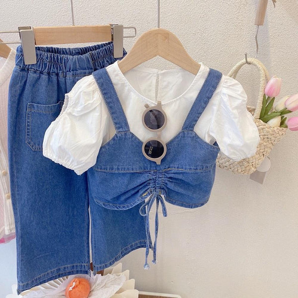 Girls Summer Top and Denim Wide-leg Pants Set Wholesale Baby Girl Clothes
