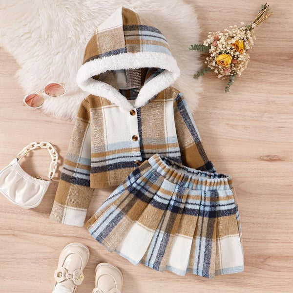 Winter Girls Plaid Hooded Lamb Wool Single-breasted Pleated Skirt Children's Suit Wholesale Girls Clothes