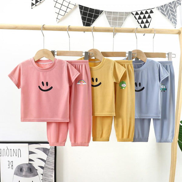 New Kids Ice Silk Short-sleeved Suit Summer And Korean Version Of Casual Home Wear Pajamas Foot-Proof Mosquito Pants Two-piece Wholesale Kids Clothes